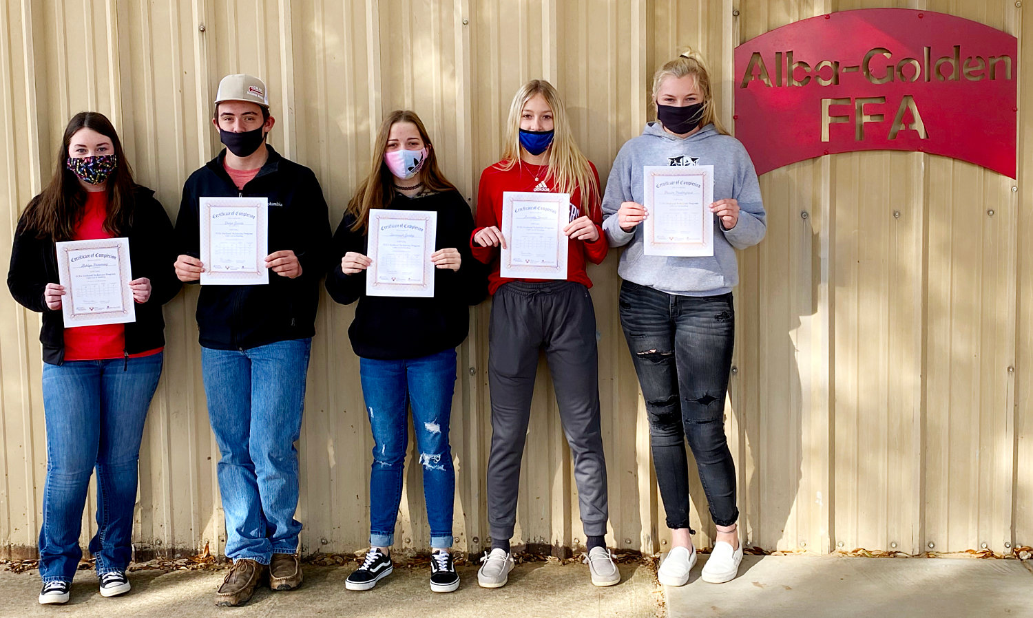 Pictured from left, Alba-Golden students earning their feedyard technician certification are Ashtyn Browning, Dodge Gaines, Savannah Gurley, Amanda Stewart and Paislee Pendergrass. Not pictured is Nikki Meade.